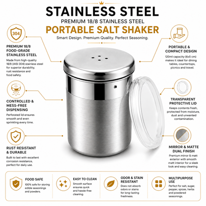 Culinex Stainless Steel Portable Small 120ml Mini Salt Dispenser 6x5 cms for Salt, Powdered Sugar
