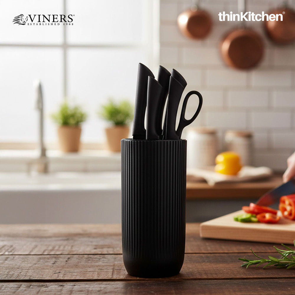 Viners Premium Stainless Steel Sharp Kitchen Knife Block Set of 5 Pcs for Cutting and Chopping, Black Ripple | Crafted in UK