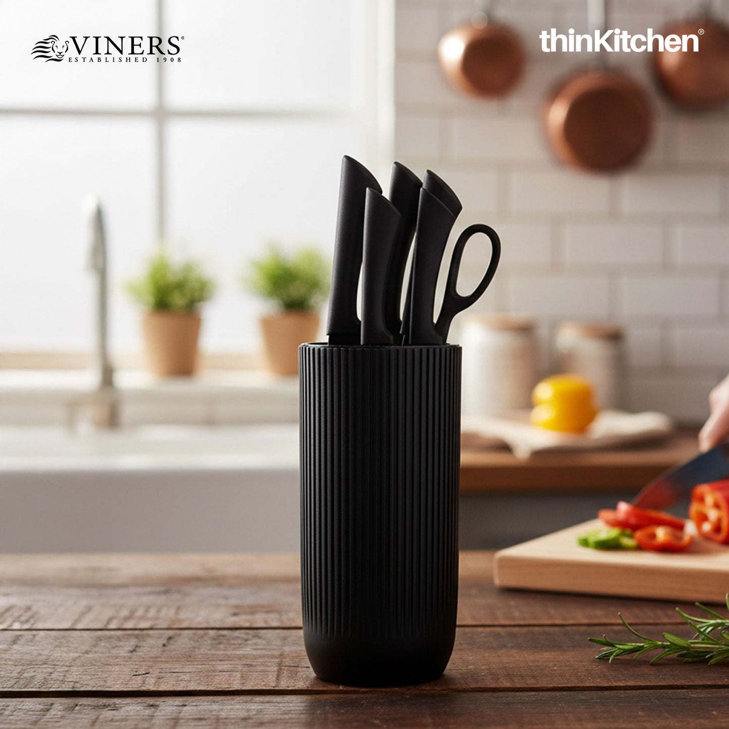 Viners Premium Stainless Steel Sharp Kitchen Knife Block Set of 5 Pcs for Cutting and Chopping, Black Ripple | Crafted in UK