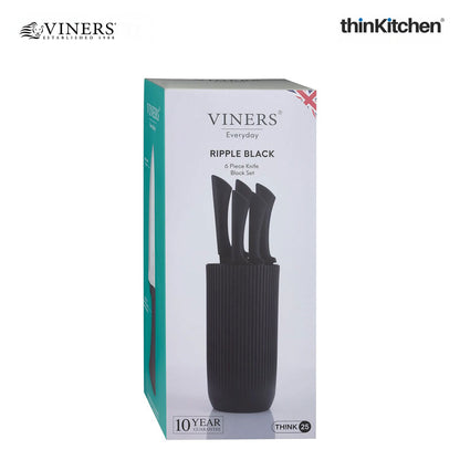 Viners Premium Stainless Steel Sharp Kitchen Knife Block Set of 5 Pcs for Cutting and Chopping, Black Ripple | Crafted in UK