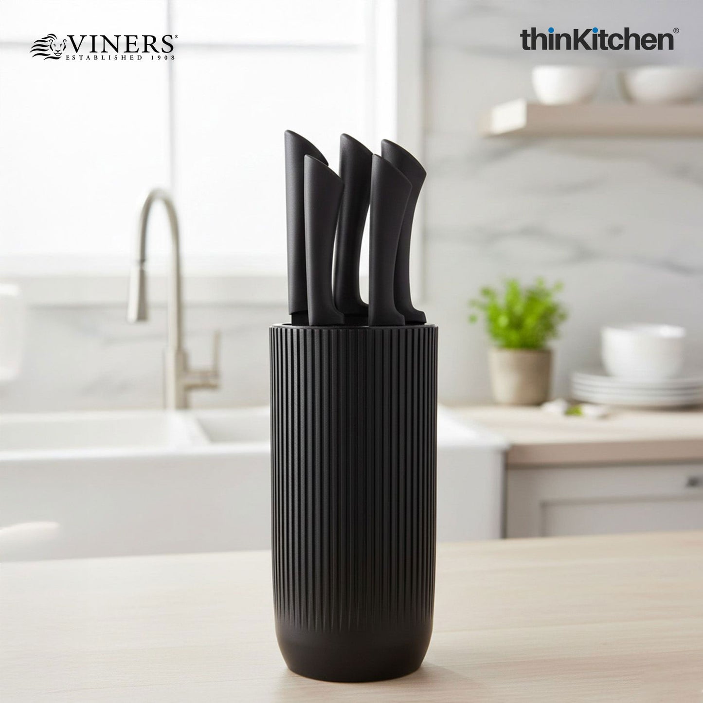 Viners Premium Stainless Steel Sharp Kitchen Knife Block Set of 5 Pcs for Cutting and Chopping, Black Ripple | Crafted in UK