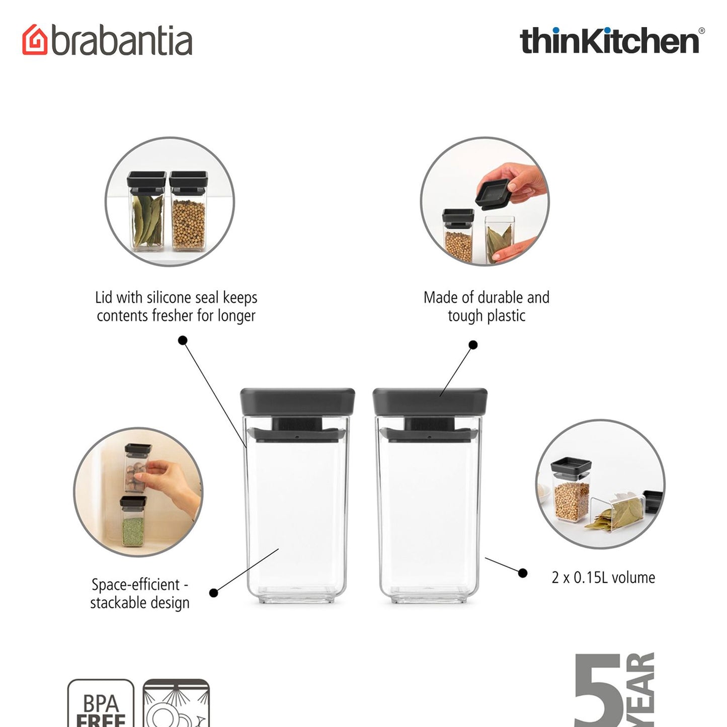 Brabantia Dark Grey Tasty+ Stackable Canister, Set of 2