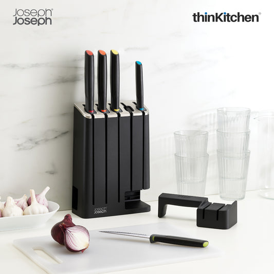 Joseph Joseph Elevate Knives Slimblock 5-Piece Steel Knife Set With Ceramic Sharpener, Black