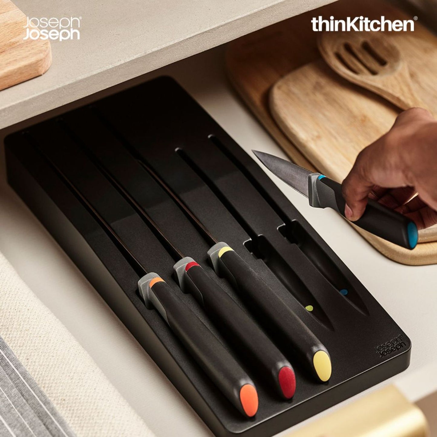 Joseph Joseph Elevate Knives 5-Piece Colour Coded, Japanese Stainless Steel Knives With Drawer Tray