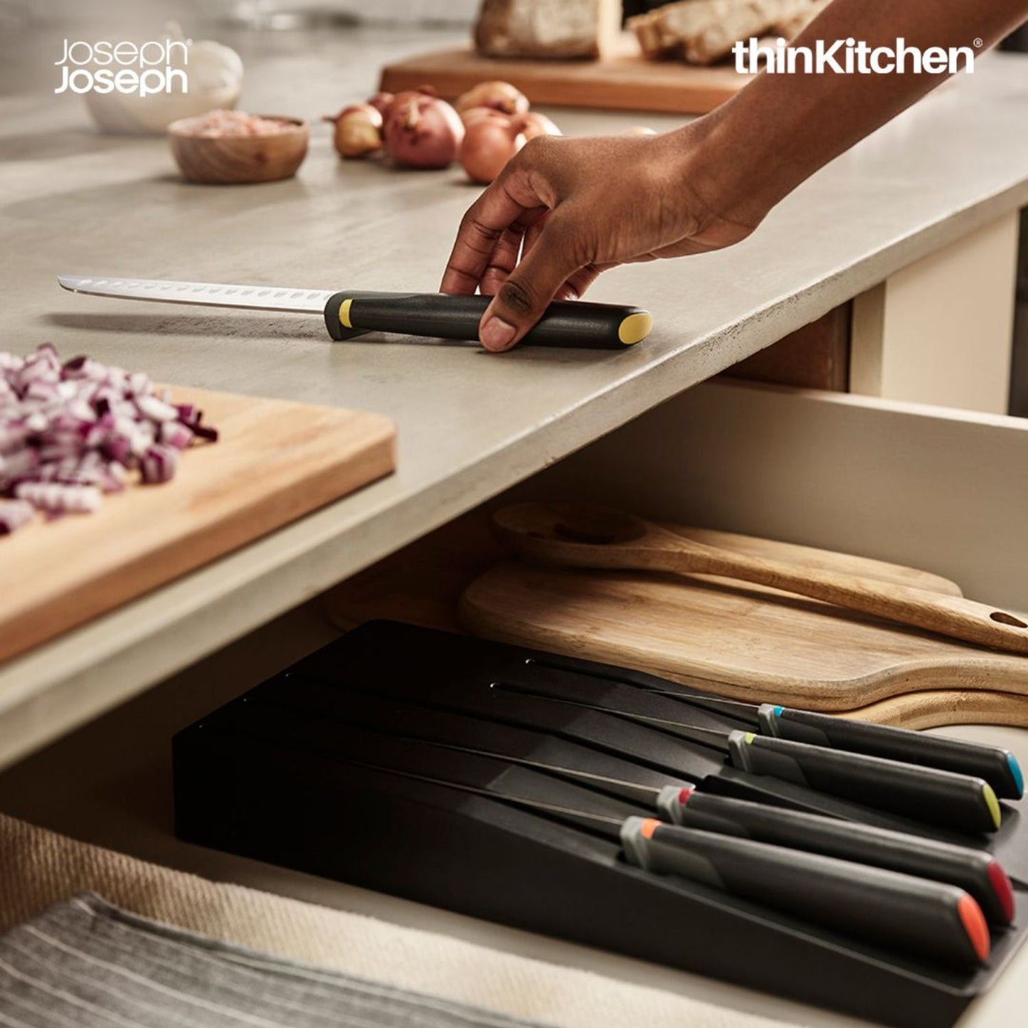 Joseph Joseph Elevate Knives 5-Piece Colour Coded, Japanese Stainless Steel Knives With Drawer Tray
