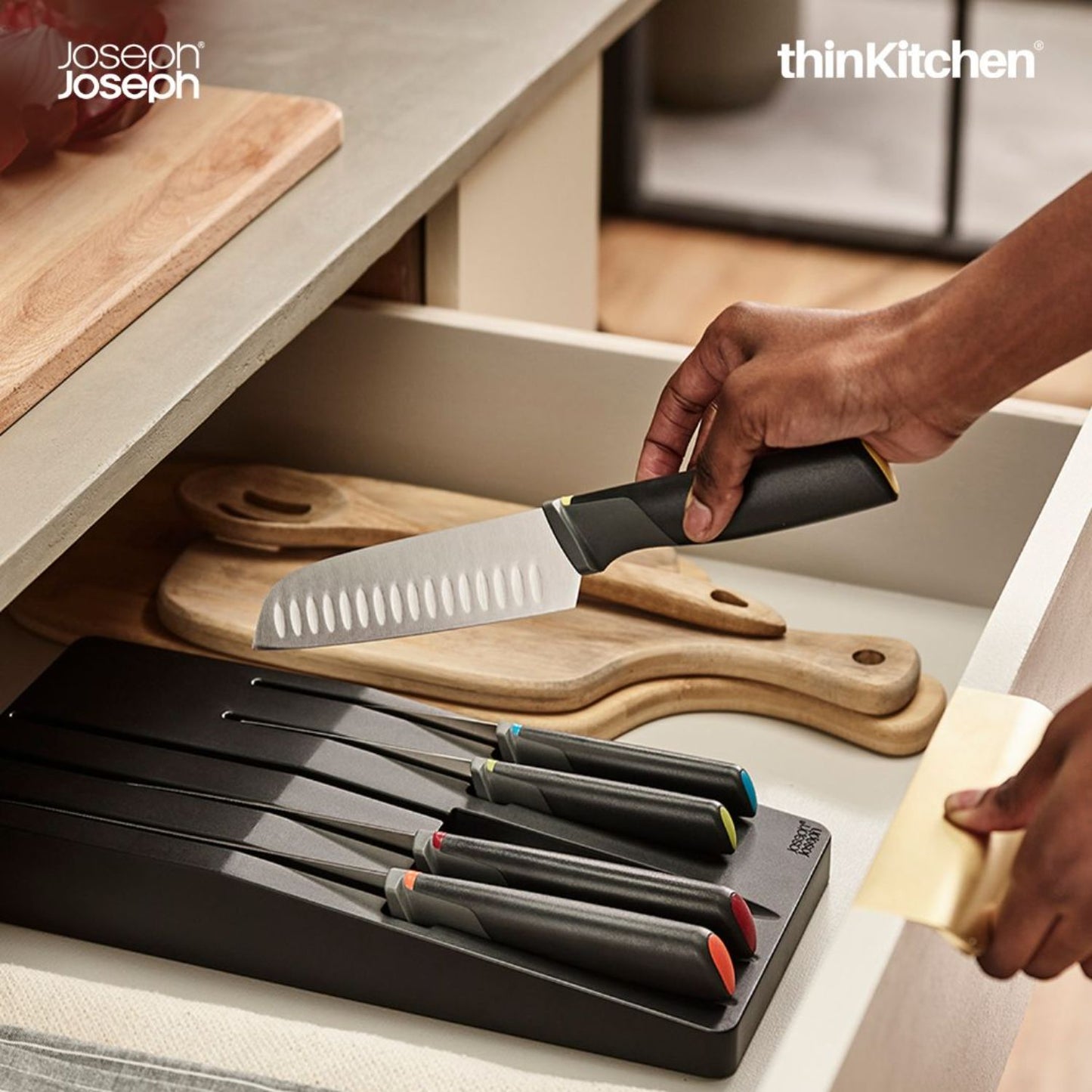 Joseph Joseph Elevate Knives 5-Piece Colour Coded, Japanese Stainless Steel Knives With Drawer Tray