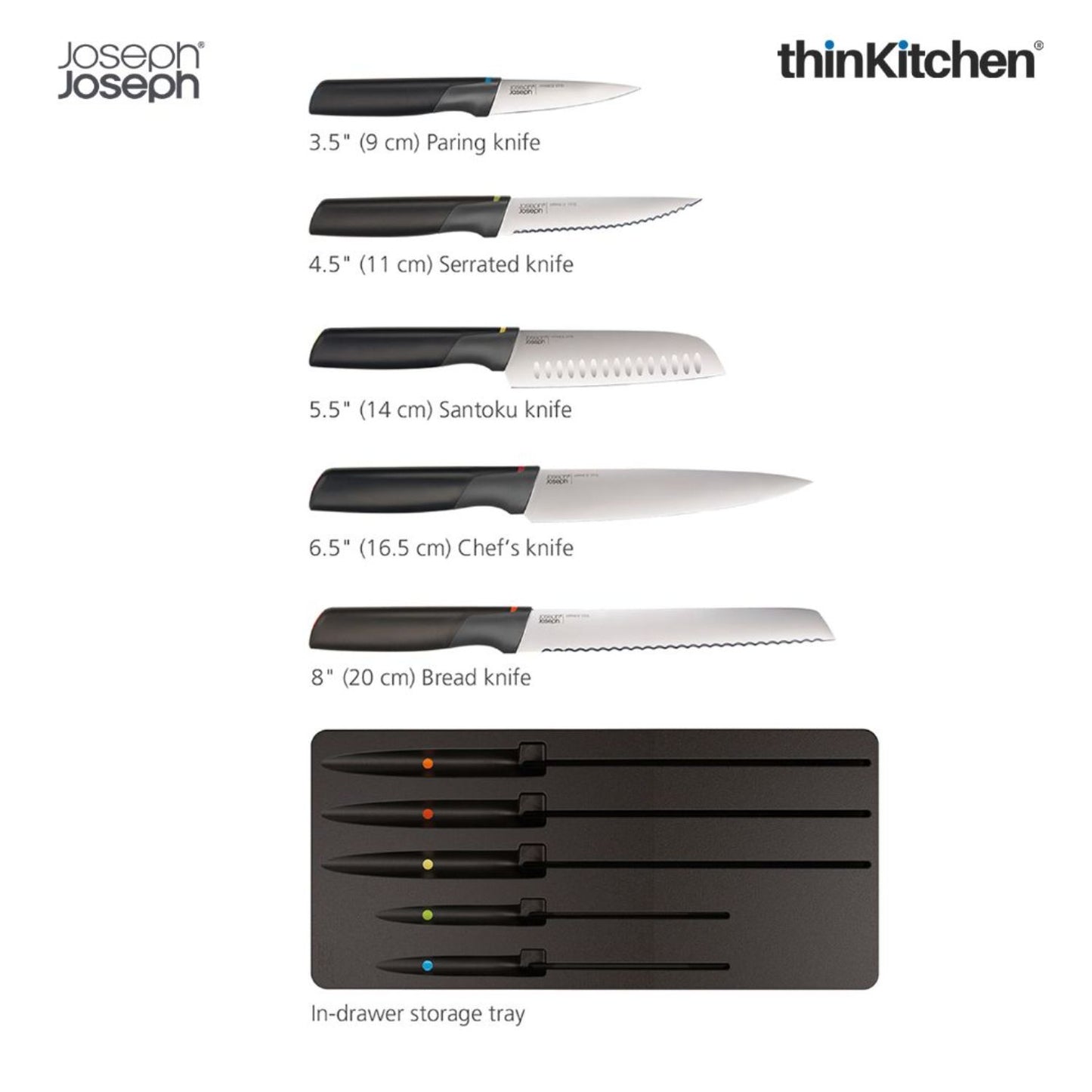 Joseph Joseph Elevate Knives 5-Piece Colour Coded, Japanese Stainless Steel Knives With Drawer Tray