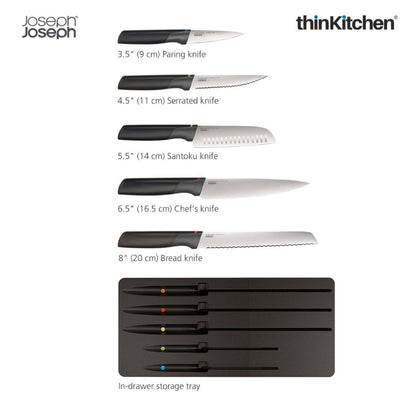 Joseph Joseph Elevate Knives 5-Piece Colour Coded, Japanese Stainless Steel Knives With Drawer Tray