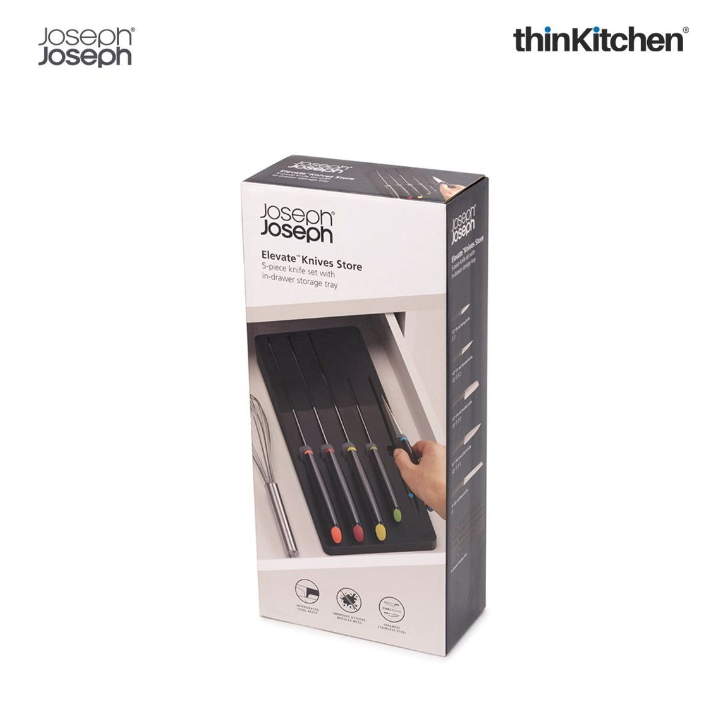 Joseph Joseph Elevate Knives 5-Piece Colour Coded, Japanese Stainless Steel Knives With Drawer Tray
