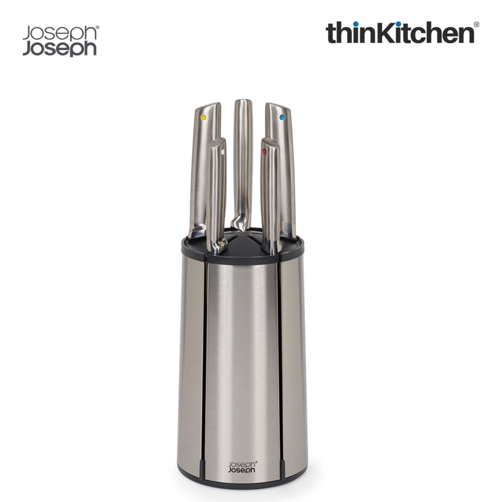 Joseph Joseph Premium Japanese Stainless Steel Knives with Carousel 5 Pcs Set, Rotating Knife Block - Elevate
