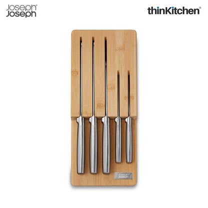 Joseph Joseph Elevate Set of 5 Professional Kitchen Knives, Chef, Santoku, Japanese Stainless Steel, with Drawer Knife Block, Bamboo Wood