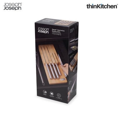 Joseph Joseph Elevate Set of 5 Professional Kitchen Knives, Chef, Santoku, Japanese Stainless Steel, with Drawer Knife Block, Bamboo Wood