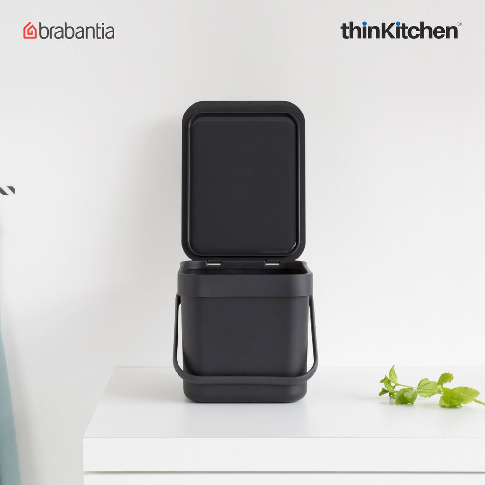 Brabantia Premium Sort & Go, Medium Plastic Dustbin with Handle - 6L, Grey | Compact Waste Bin, Compost Bin for Home, Office