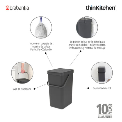 Brabantia Sort Go Waste Bin 16 Litre Grey