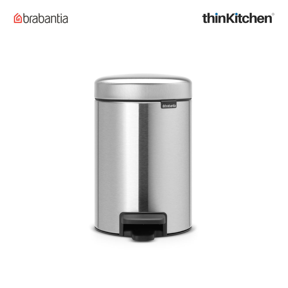 Brabantia 3 Litre Premium NewIcon Pedal Trash Bin, Matt Steel, Soft Close Hygienic Waste Bin for Kitchen, Bathroom & Home Waste