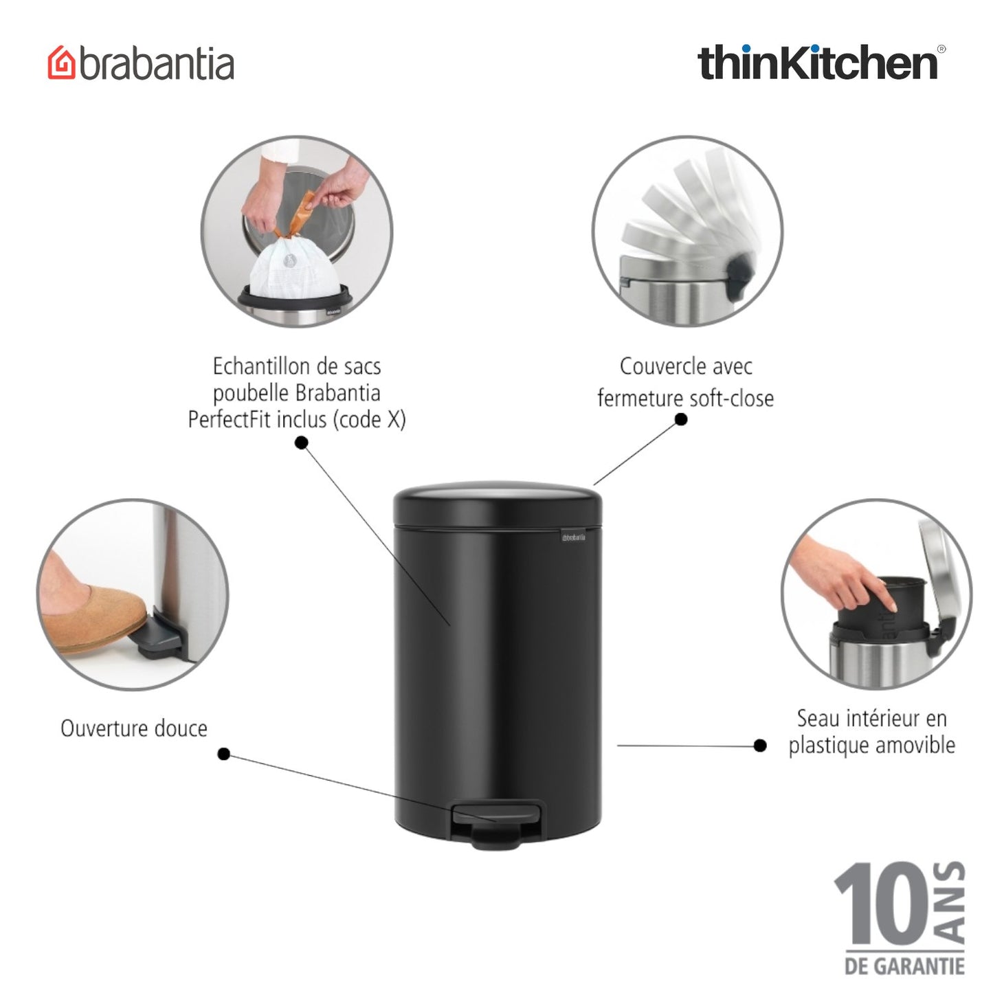 Brabantia Newicon Plastic Pedal Bin 12 Litre Matt Black