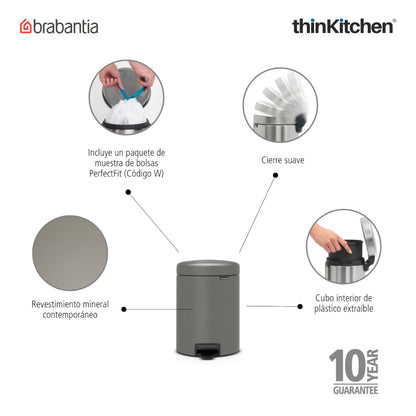 Brabantia Newicon Pedal Bin 5 Litre Concrete Grey
