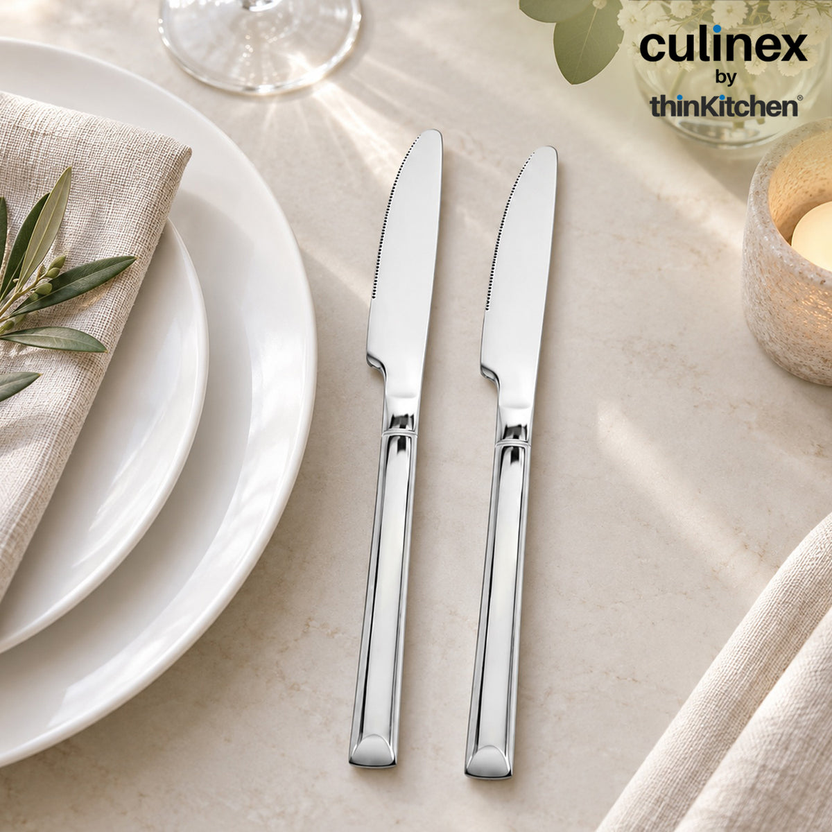 Culinex Nova 2 Pc Premium 8" Dinner Knife Set, 13/0 Stainless Steel | Table Knife for Dining & Eating