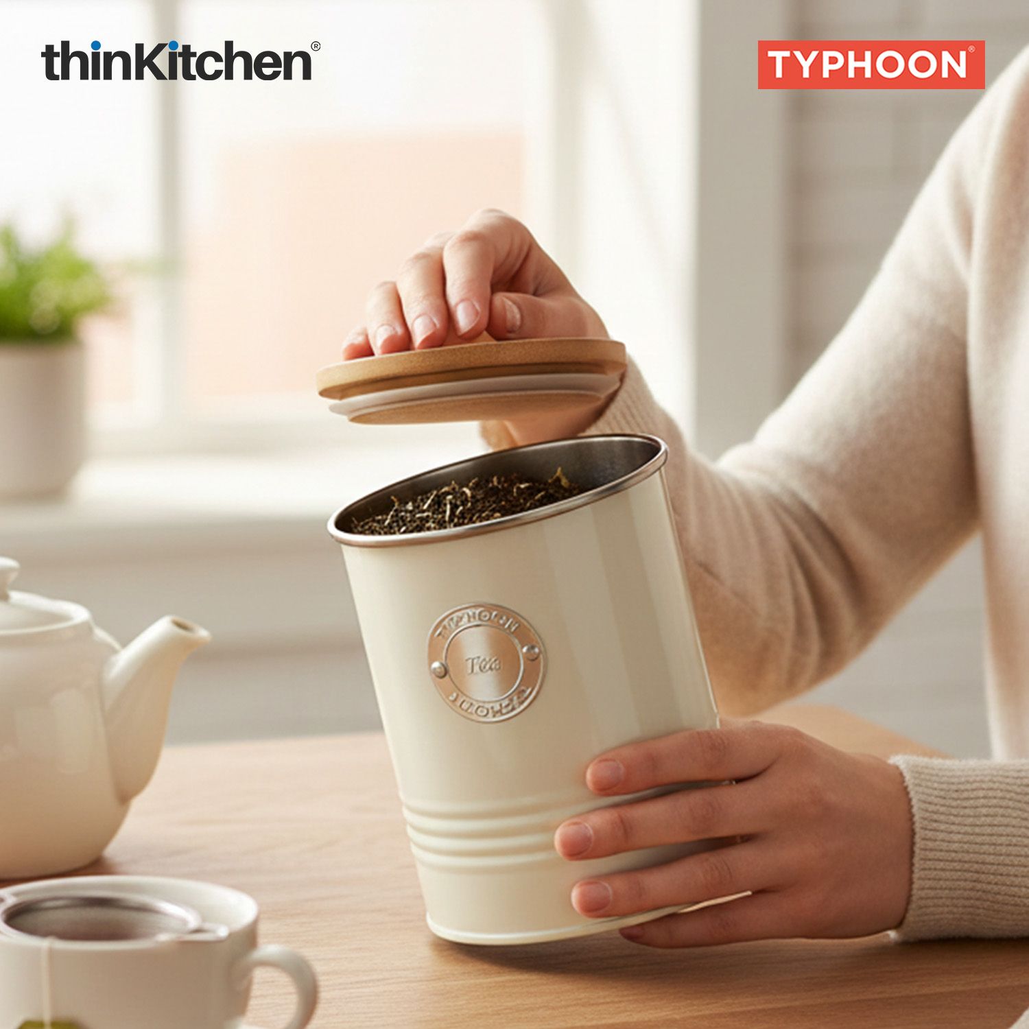 Typhoon Living Premium Tea Storage Canister  - Cream, 1 Litre|Airtight Metal Jar with Bamboo Lid, Kitchen Countertop Storage Container - 1