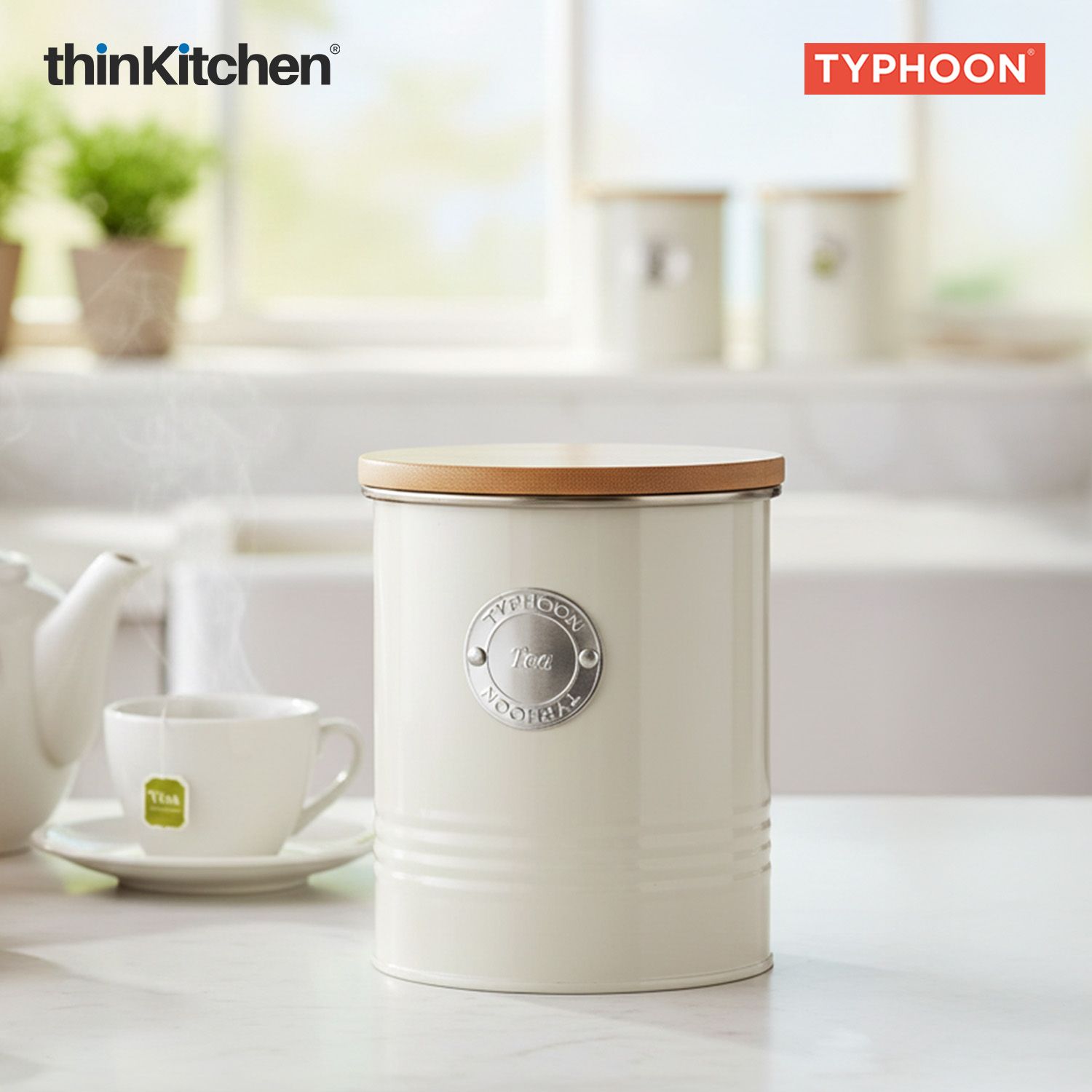 Typhoon Living Premium Tea Storage Canister  - Cream, 1 Litre|Airtight Metal Jar with Bamboo Lid, Kitchen Countertop Storage Container - 4