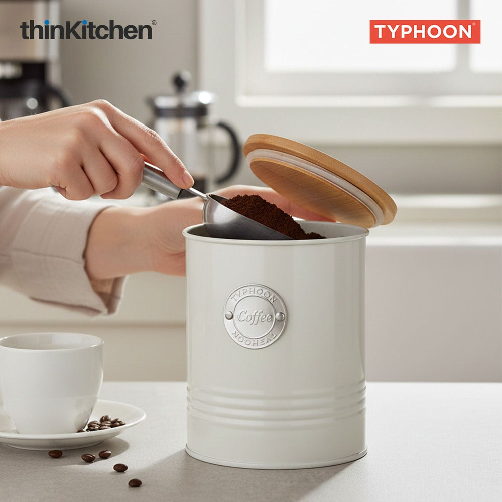 Typhoon Living Coffee Storage Canister  - Cream, 1 Litre|Airtight Metal Jar with Bamboo Lid, Kitchen Countertop Storage Container