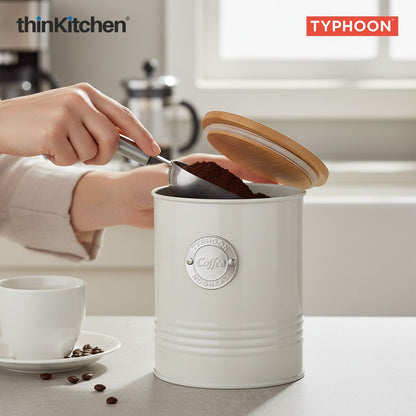 Typhoon Living Premium Coffee Storage Canister  - Cream, 1 Litre|Airtight Metal Jar with Bamboo Lid, Kitchen Countertop Storage Container
