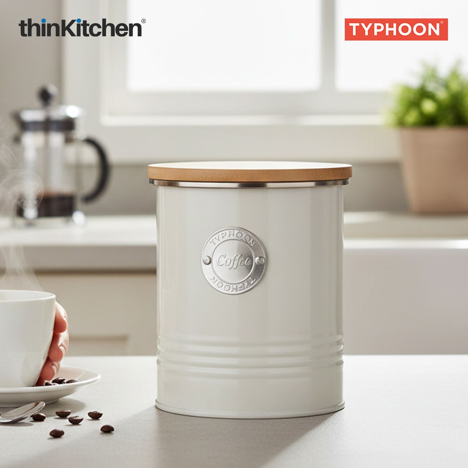 Typhoon Living Premium Coffee Storage Canister  - Cream, 1 Litre|Airtight Metal Jar with Bamboo Lid, Kitchen Countertop Storage Container - 2