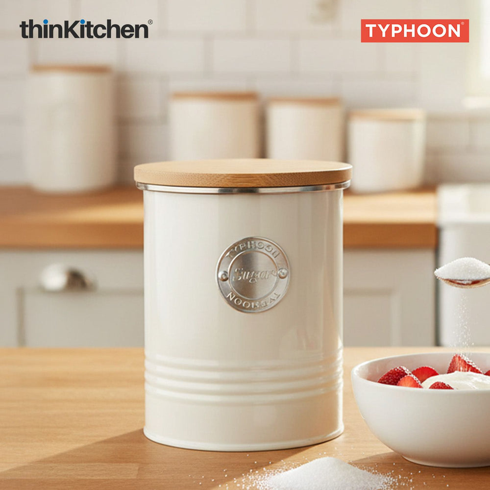 Typhoon Living Sugar Storage Canister  - Cream, 1 Litre|Airtight Metal Jar with Bamboo Lid, Kitchen Countertop Storage Container