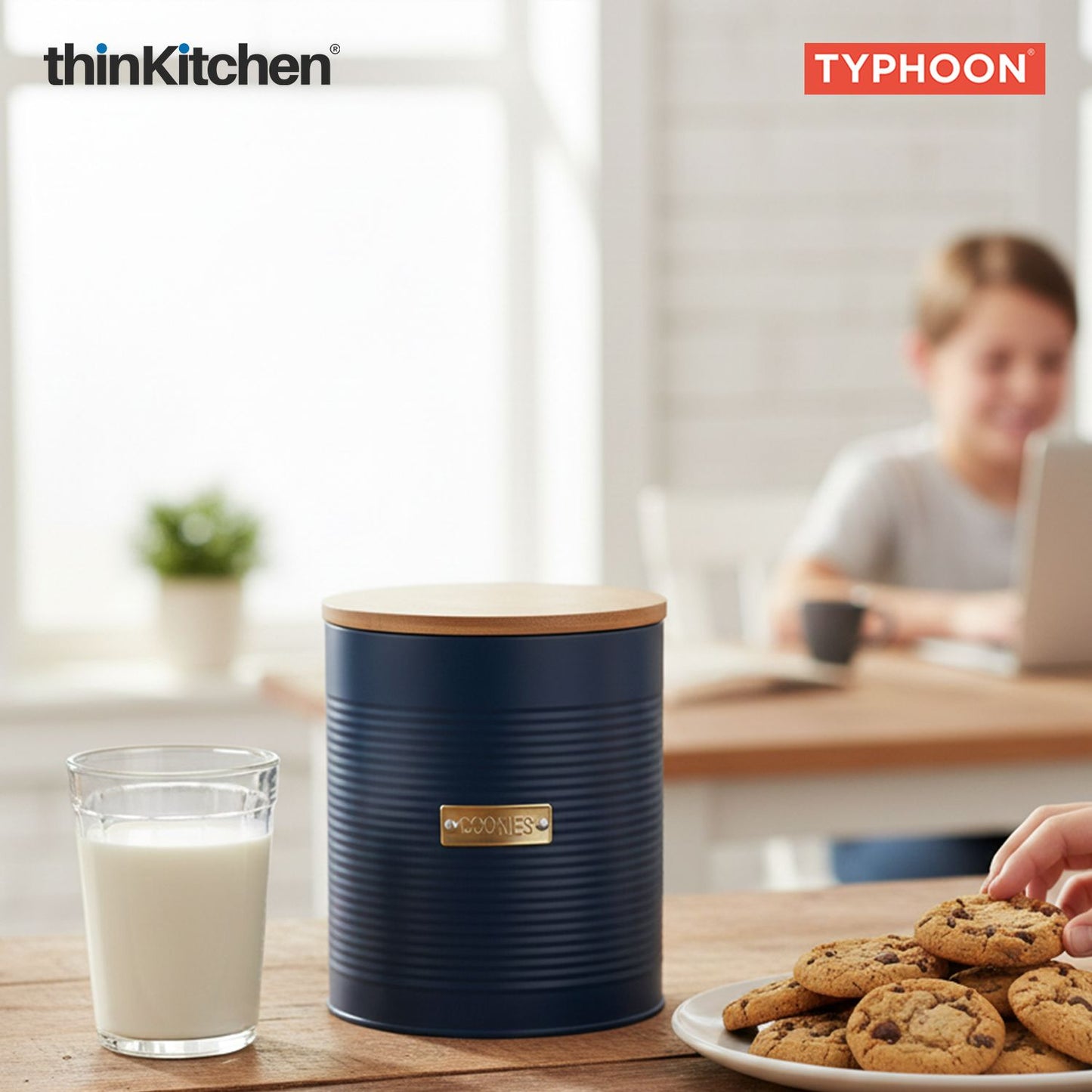 Typhoon Otto Premium Cookie Storage Canister  - Navy Blue, 3 Litre|Airtight Metal Jar with Bamboo Lid for Biscuits , Kitchen Countertop Storage Container