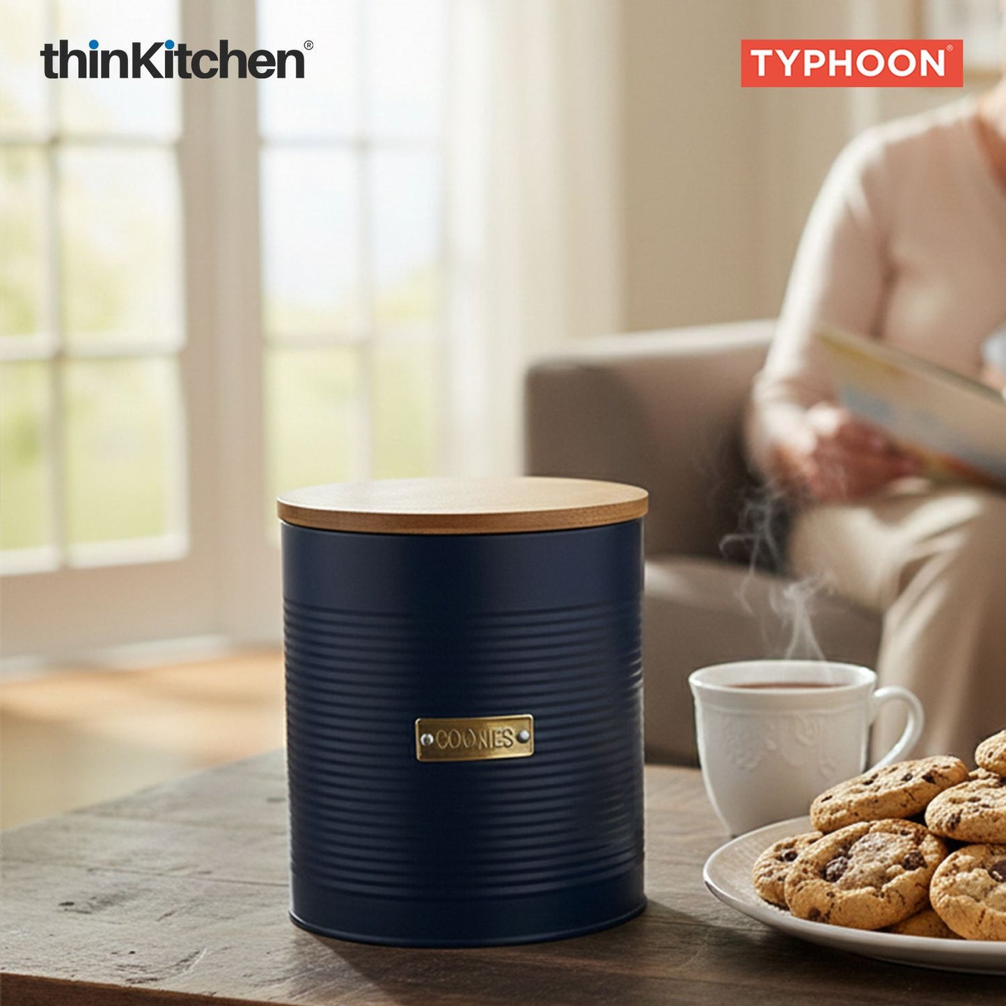 Typhoon Otto Premium Cookie Storage Canister  - Navy Blue, 3 Litre|Airtight Metal Jar with Bamboo Lid for Biscuits , Kitchen Countertop Storage Container