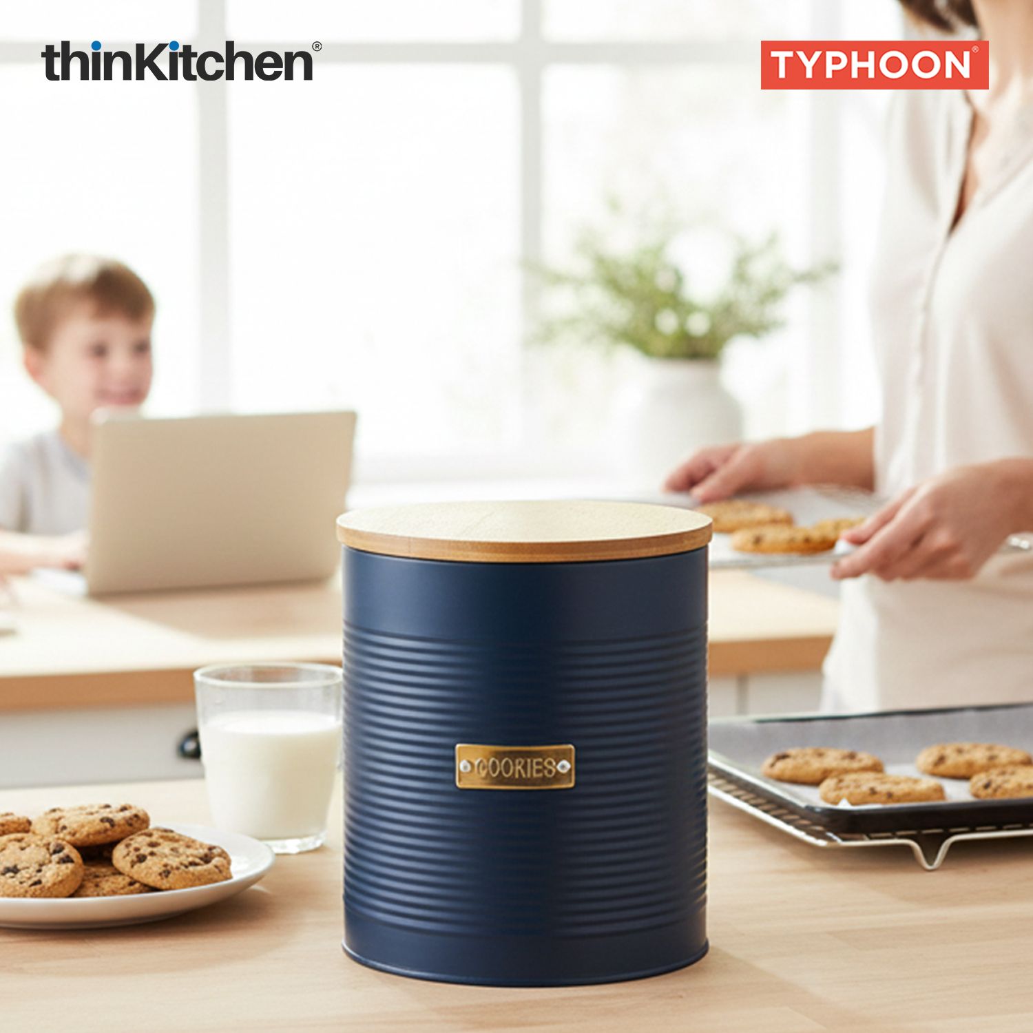 Typhoon Otto Premium Cookie Storage Canister  - Navy Blue, 3 Litre|Airtight Metal Jar with Bamboo Lid for Biscuits , Kitchen Countertop Storage Container - 4