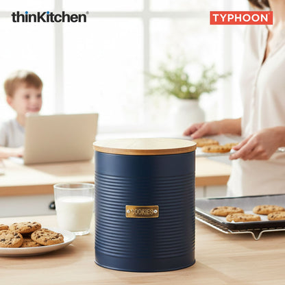 Typhoon Otto Premium Cookie Storage Canister  - Navy Blue, 3 Litre|Airtight Metal Jar with Bamboo Lid for Biscuits , Kitchen Countertop Storage Container