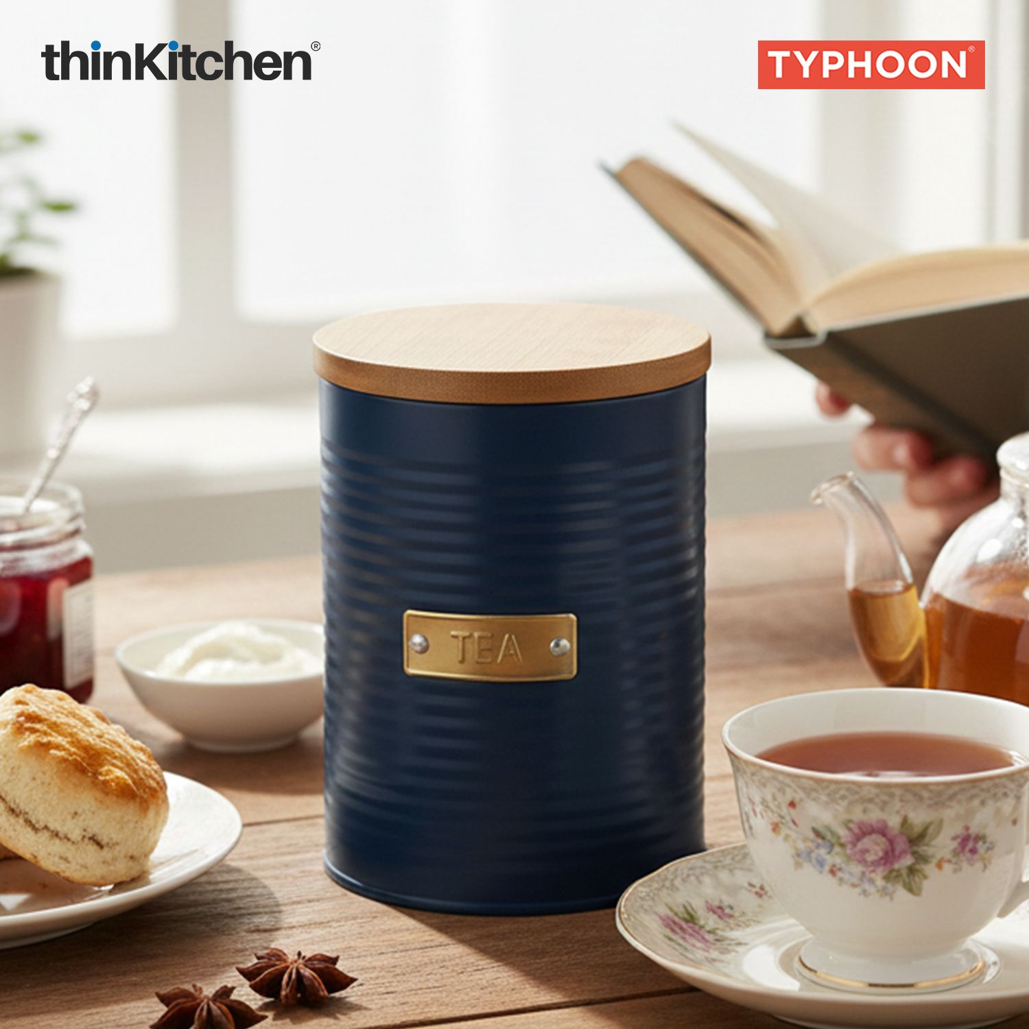 Typhoon Otto Premium Tea Storage Canister  - Navy Blue, 1 Litre|Airtight Metal Jar with Bamboo Lid, Kitchen Countertop Storage Container - 2