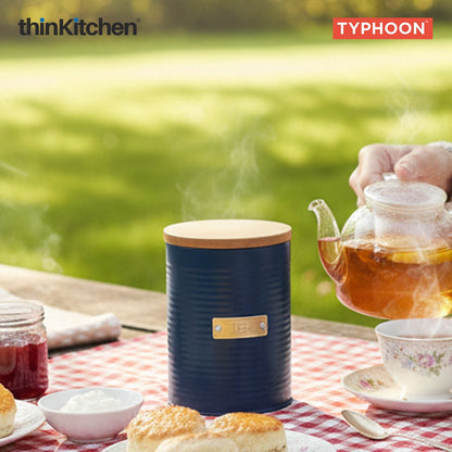 Typhoon Otto Premium Tea Storage Canister  - Navy Blue, 1 Litre|Airtight Metal Jar with Bamboo Lid, Kitchen Countertop Storage Container