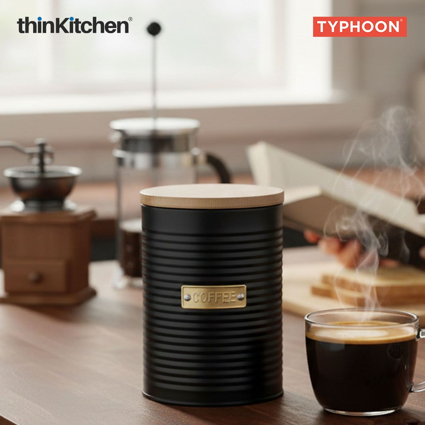 Typhoon Otto Premium Coffee Storage Canister  - Navy Blue, 1 Litre|Airtight Metal Jar with Bamboo Lid, Kitchen Countertop Storage Container