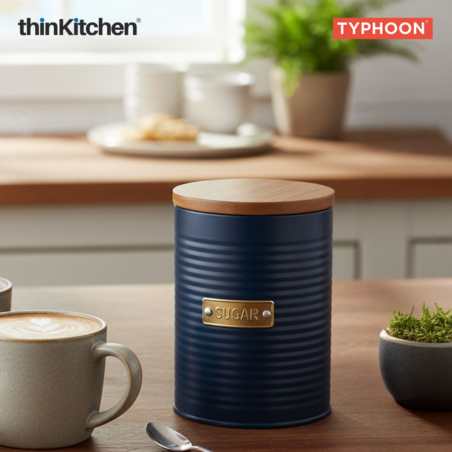 Typhoon Otto Premium Sugar Storage Canister  - Navy Blue, 1 Litre|Airtight Metal Jar with Bamboo Lid, Kitchen Countertop Storage Container - 1