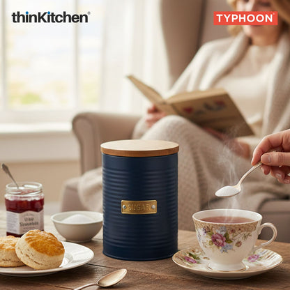 Typhoon Otto Premium Sugar Storage Canister  - Navy Blue, 1 Litre|Airtight Metal Jar with Bamboo Lid, Kitchen Countertop Storage Container