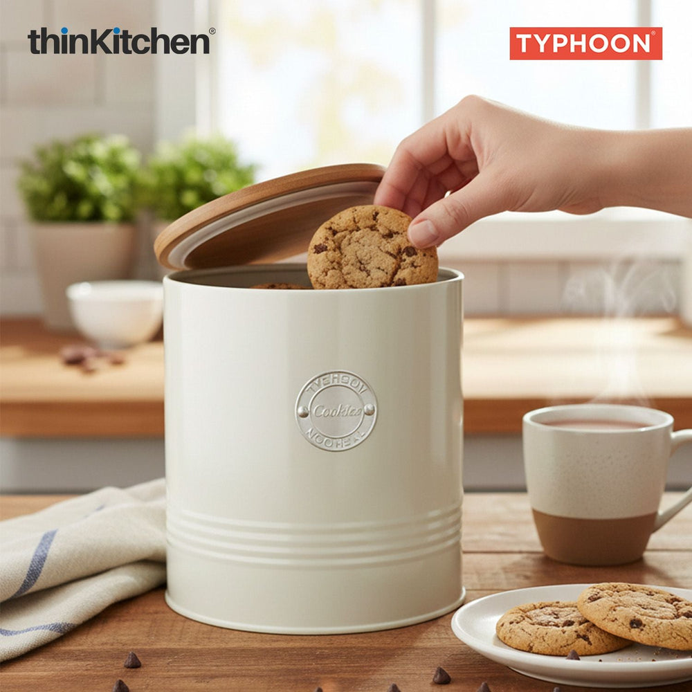 Typhoon Living Cookie Storage Canister  - Cream, 3 Litre|Airtight Metal Jar with Bamboo Lid for Biscuits , Kitchen Countertop Storage Container