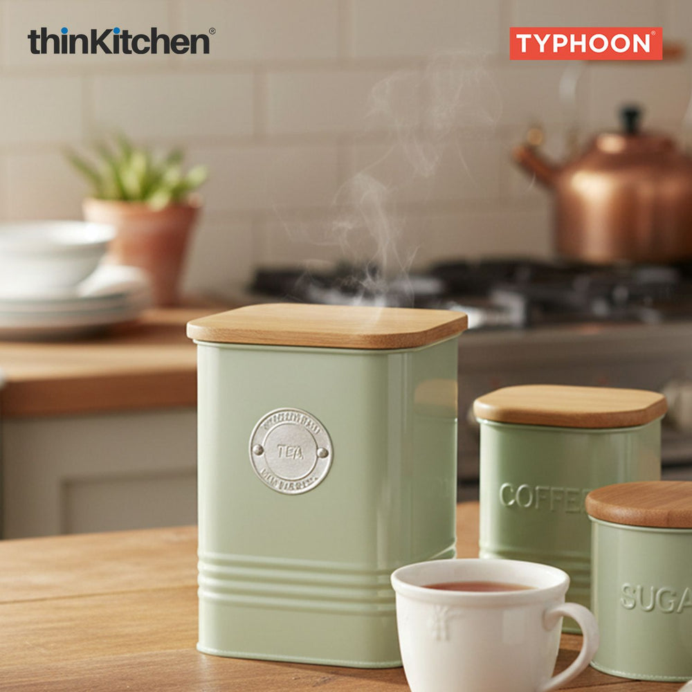 Typhoon Squircle Tea Storage Canister  - Mint Green, 1.3 Litre|Square Airtight Metal Jar with Bamboo Lid, Kitchen Countertop Storage Container