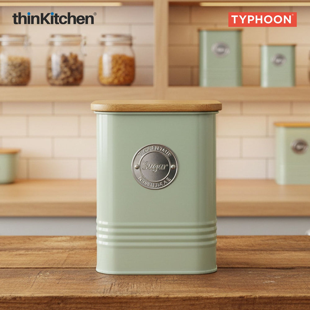 Typhoon Squircle Sugar Storage Canister  - Mint Green, 1.3 Litre|Square Airtight Metal Jar with Bamboo Lid, Kitchen Countertop Storage Container