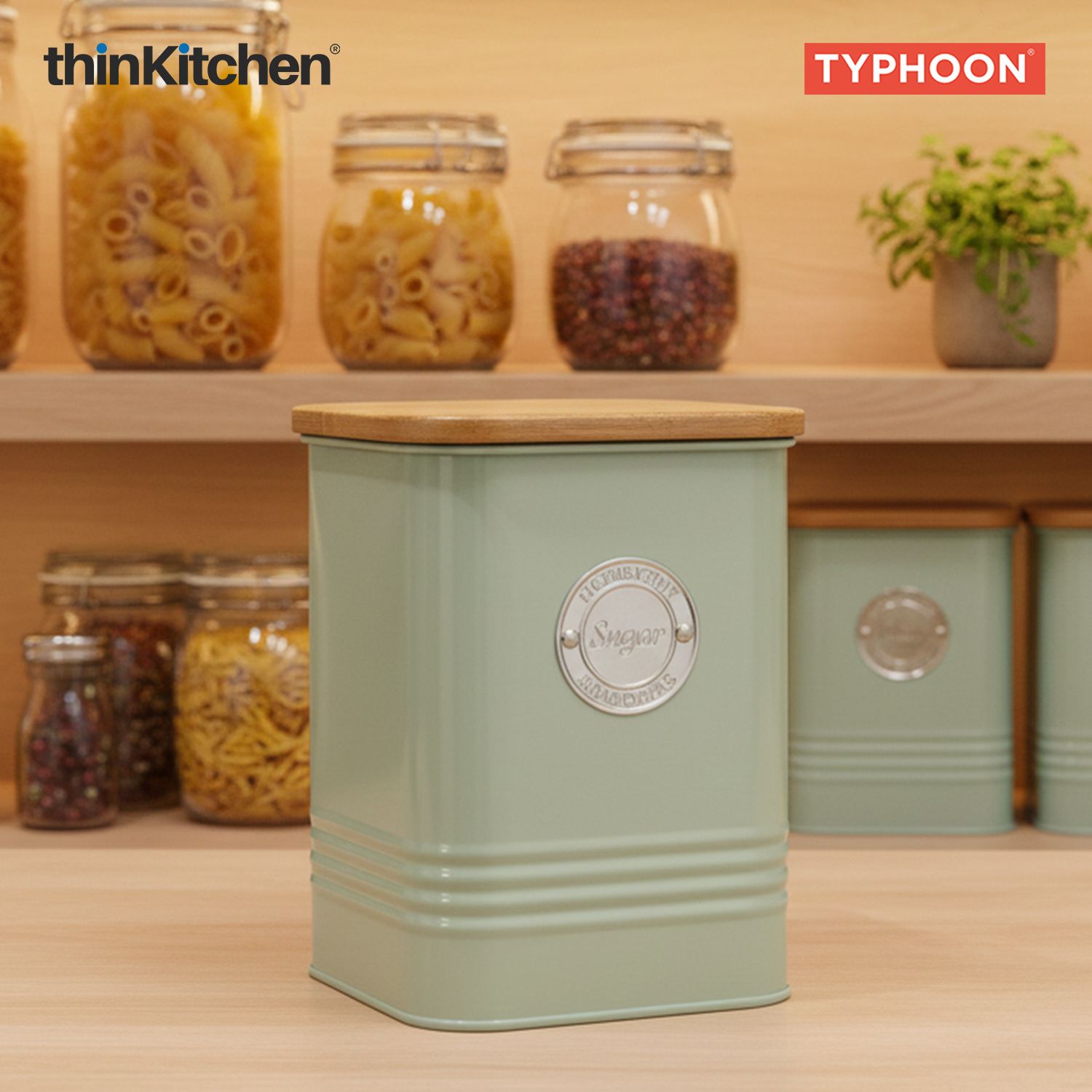 Typhoon Squircle Premium Sugar Storage Canister  - Mint Green, 1.3 Litre|Square Airtight Metal Jar with Bamboo Lid, Kitchen Countertop Storage Container - 2