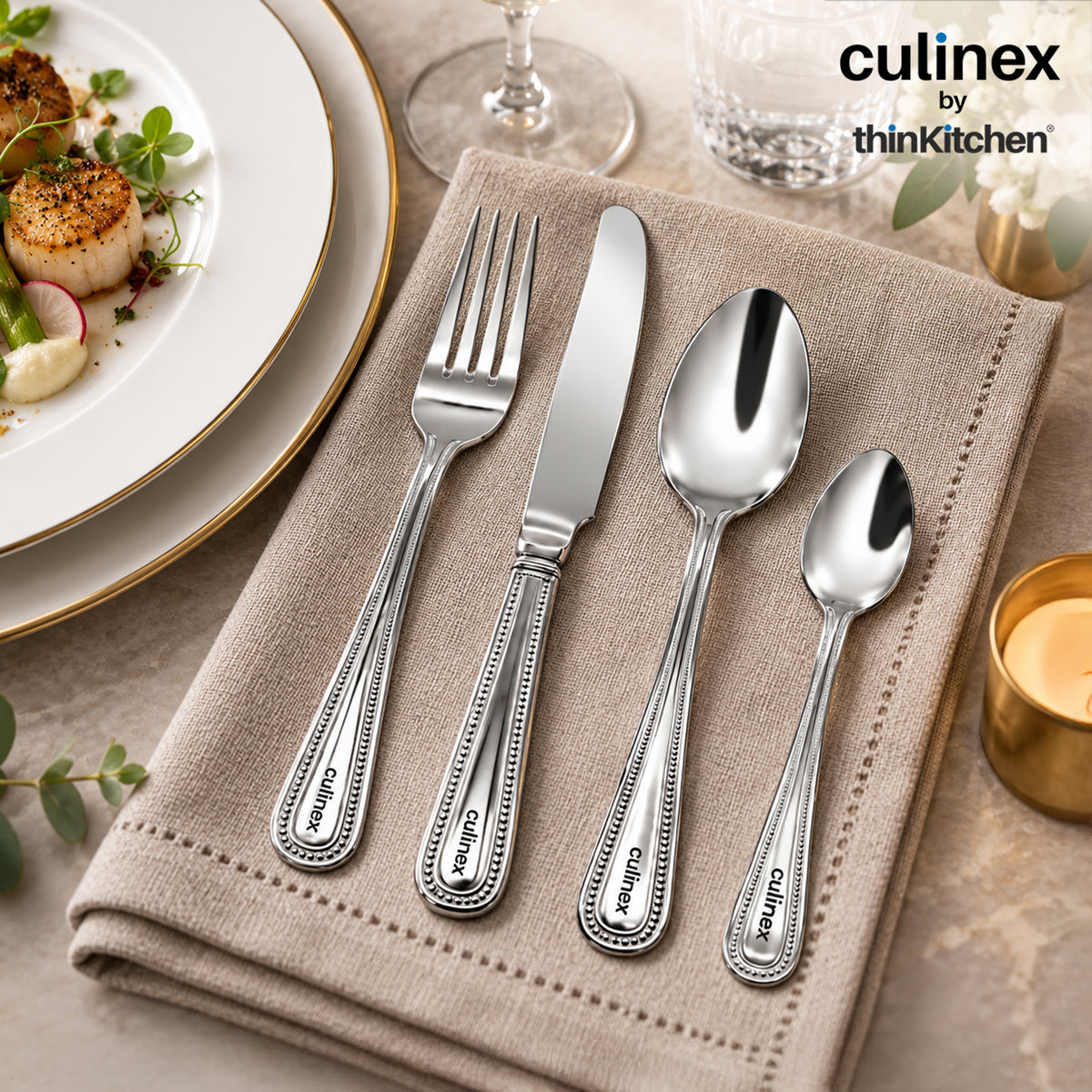 Culinex Beed 24 Pcs Cutlery Set, 18/0 Stainless Steel Mirror Finish | All Purpose Knife, Fork, Spoon & Tea Spoon