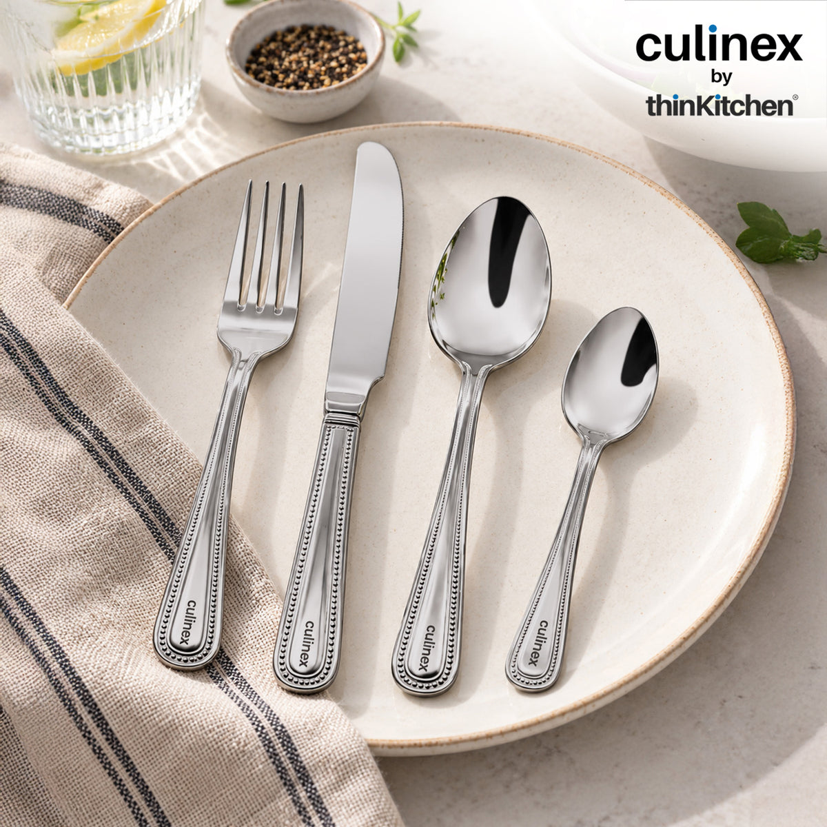 Culinex Beed 24 Pcs Cutlery Set, 18/0 Stainless Steel Matt Finish | All Purpose Knife, Fork, Spoon & Tea Spoon