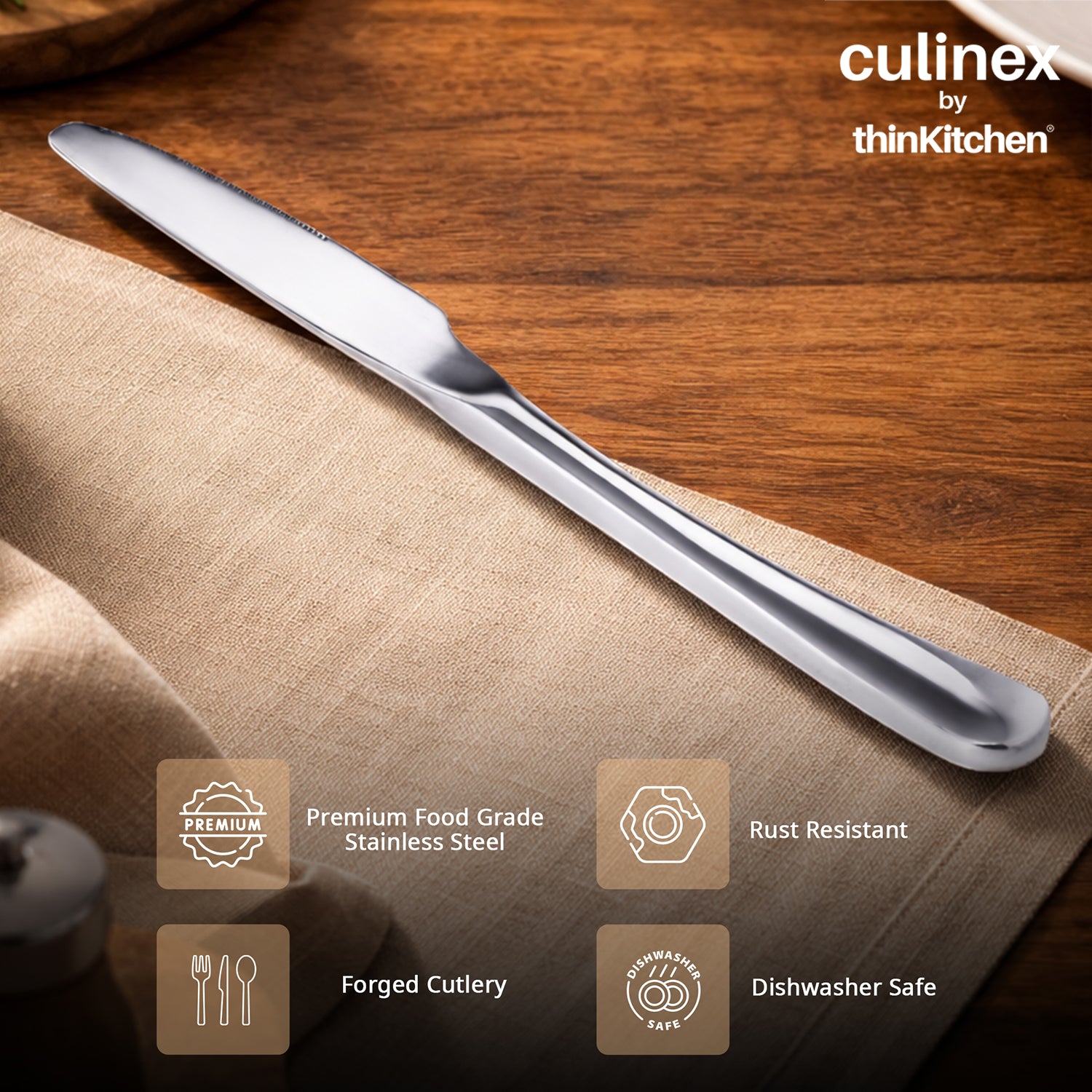 Culinex Stainless Steel 8.5" Premium All Purpose Knife Set of 2 for Dining Table, Kitchen| Silver Rustproof Flatware By thinKitchen (Dora) - 4