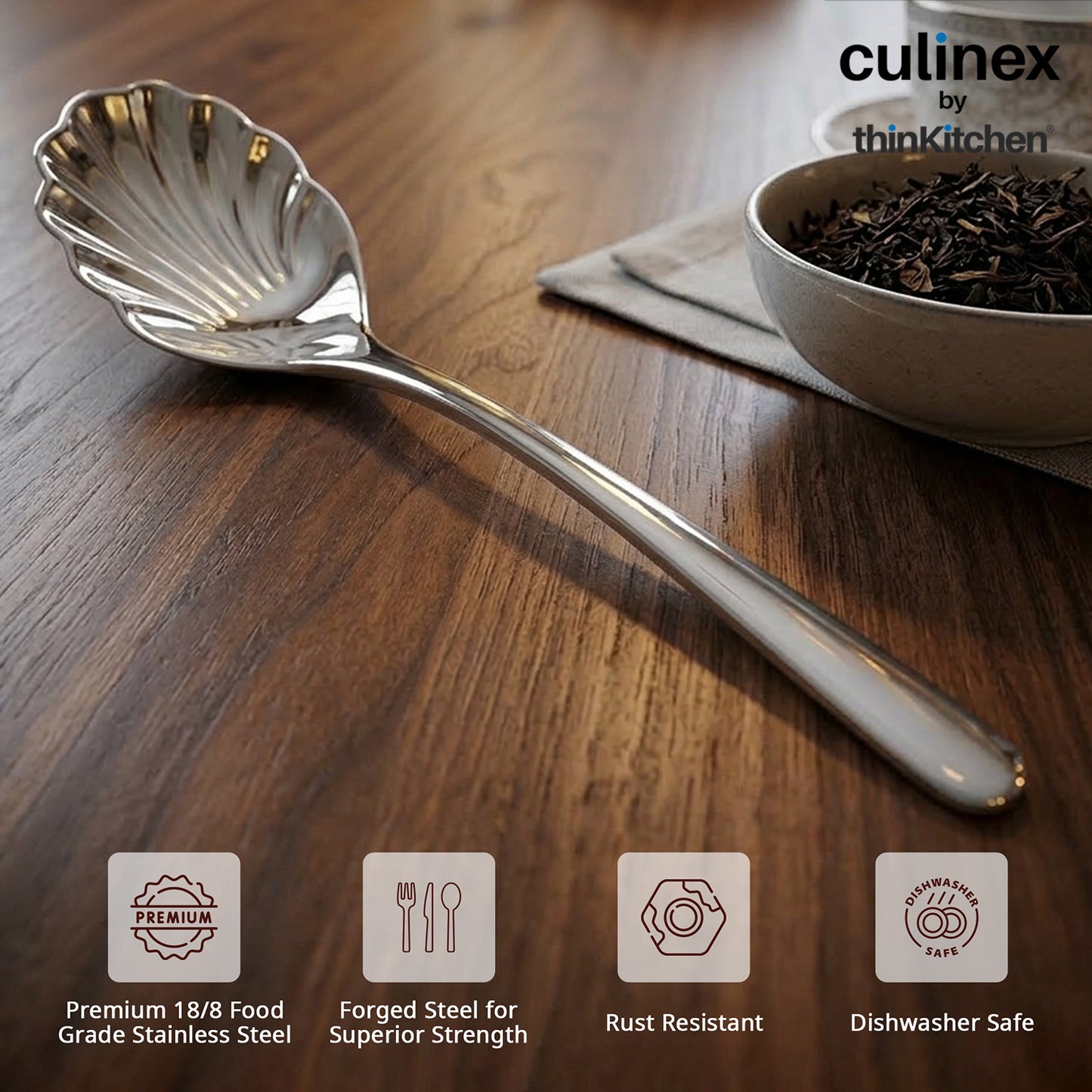 Culinex 18/8 Stainless Steel 6" Premium Sugar Spoon Set of 6, Dora | Silver Rustproof Flatware By thinKitchen