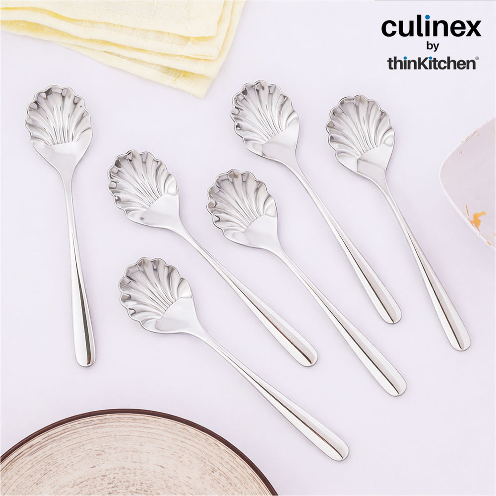 Culinex 18/8 Stainless Steel 6" Premium Sugar Spoon Set of 6, Dora | Silver Rustproof Flatware By thinKitchen
