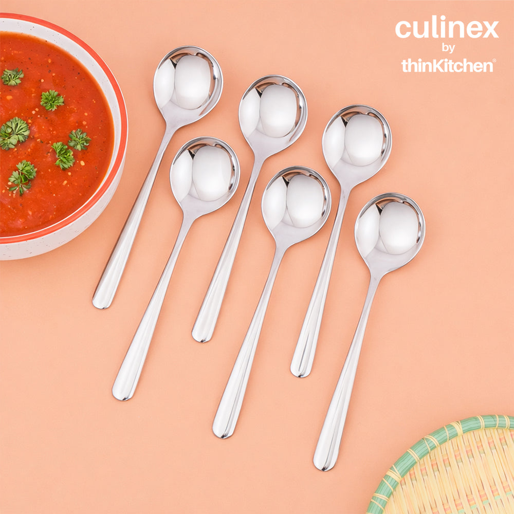 Culinex 18/8 Stainless Steel 7" Premium Small Soup Spoon Set of 6| Silver Rustproof Flatware By thinKitchen