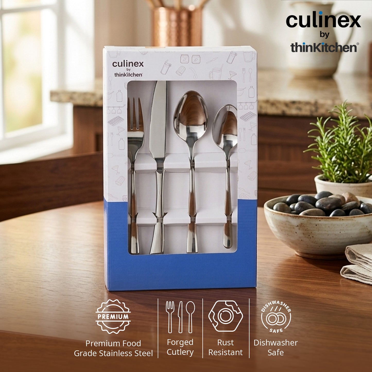 Culinex Stainless Steel 18/8, Premium 20-Piece Cutlery Set| Luxury Silver Rustproof Flatware By thinKitchen