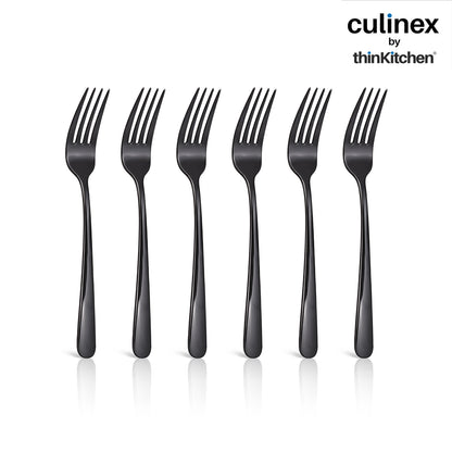 Culinex 18/8 Stainless Steel 8.3" Premium Black Dinner Fork Set of 6| Silver Rustproof Flatware By thinKitchen (Dora)