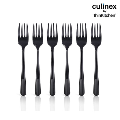 Culinex 18/8 Stainless Steel 8.3" Premium Black Dinner Fork Set of 6| Silver Rustproof Flatware By thinKitchen (Dora)